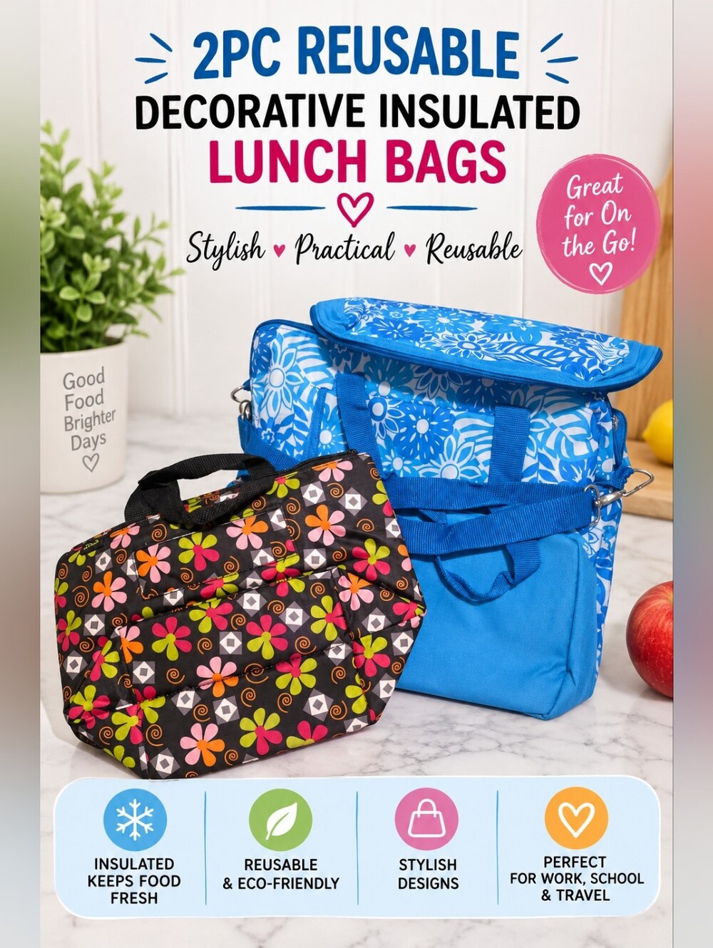Set of 2 Reusable Insulated Lunch Bags - Blue Floral & Multicolor Flower Print